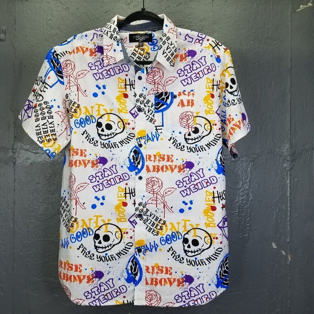 Eighty Eight Button Up Shirt Youth 18/20 Men’s S Graffiti Shirt Skull Peace Rose